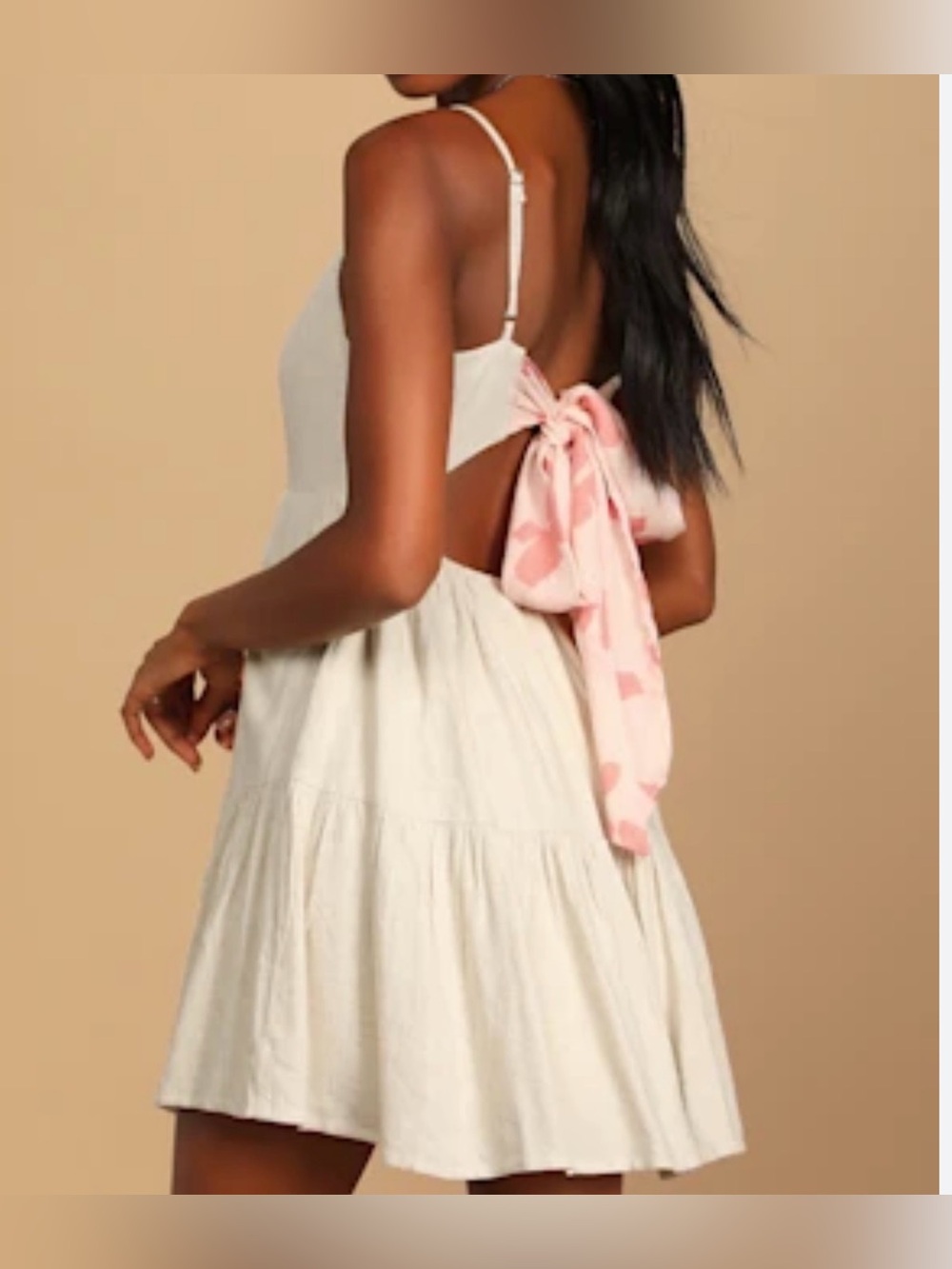 Lulus Linen Beige Pink Scarf Tiered Open Back Tie Flare Dress Women's Large NWT